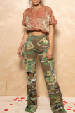 Army Green Casual Camouflage Print Ripped Straight Mid Waist Conventional Full Print Bottoms