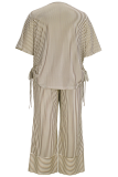 Light Brown Casual Stripe Draw String V Neck Plus Size Two Pieces