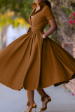 Brown Casual Solid Color Buckle Bandage Crystal Turndown Collar Long Dresses