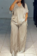 Light Brown Casual Stripe Draw String V Neck Plus Size Two Pieces