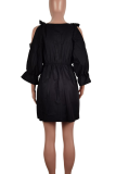 Black Sexy Solid Color Strap Design O Neck Long Dresses