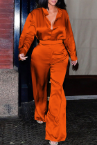 Tangerine Red Casual Solid Color Buckle Turndown Collar Long Sleeve Two Pieces