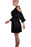 Black Sexy Solid Color Strap Design O Neck Long Dresses