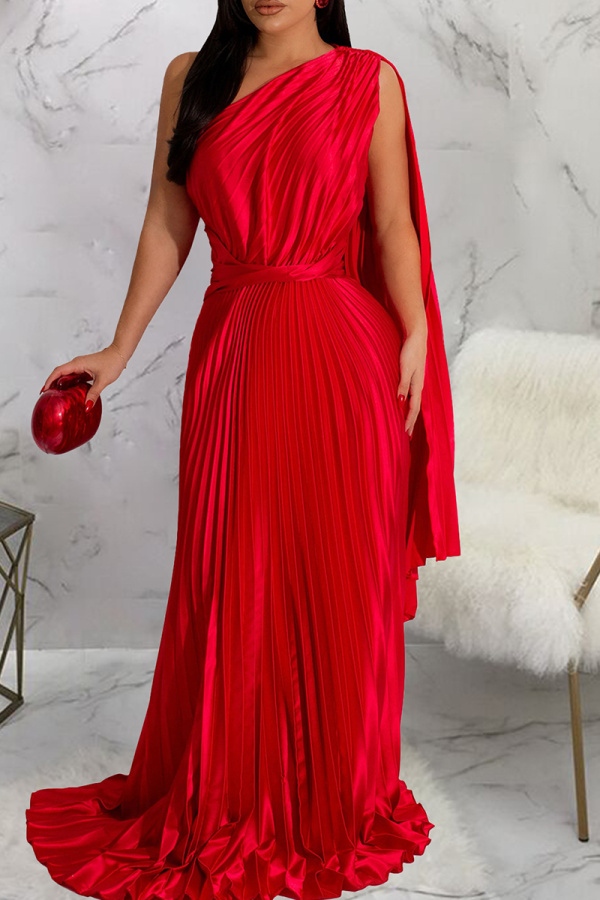 Red Elegant Solid Color Pleated Oblique Collar Long Dresses