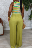 Green Casual Solid Color Patchwork Loose Mid Waist Wide Leg Solid Color Bottoms