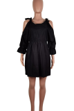 Black Sexy Solid Color Strap Design O Neck Long Dresses
