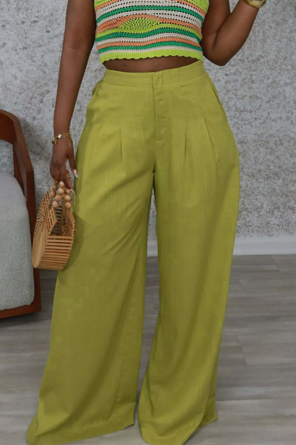 Green Casual Solid Color Patchwork Loose Mid Waist Wide Leg Solid Color Bottoms