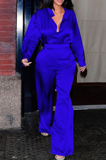 Blue Casual Solid Color Buckle Turndown Collar Long Sleeve Two Pieces