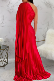 Red Elegant Solid Color Pleated Oblique Collar Long Dresses