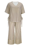 Light Brown Casual Stripe Draw String V Neck Plus Size Two Pieces