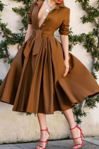 Brown Casual Solid Color Buckle Bandage Crystal Turndown Collar Long Dresses