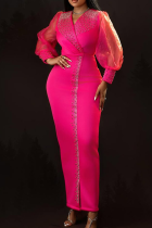 Rose Red Elegant Solid Color Hot Drill V Neck Long Dresses