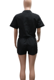 Black Casual Zipper Contrast Zipper Collar Half Sleeve Two Pieces