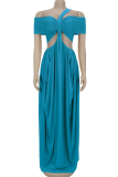 Blue Sexy Solid Color Hollow Out Off Shoulder Long Dresses