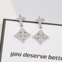 Silver Daily Four Leaf Clover Hollow Out Rhinestone Decor Earrings