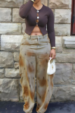 Brown Casual Print Patchwork Mid Waist Straight Denim Jeans