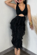 Black Sexy Solid Color Hollow Out Flounce V Neck Irregular Dresses