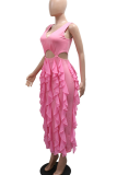 Pink Sexy Solid Color Hollow Out Flounce V Neck Irregular Dresses