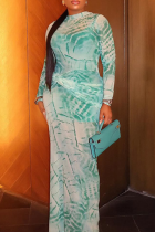 Green Elegant Print O Neck Long Dresses