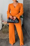 Tangerine Red Casual Solid Color V Neck Long Sleeve Two Pieces
