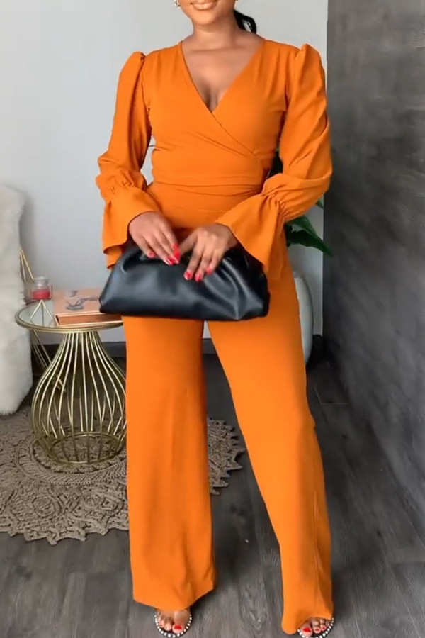 Tangerine Red Casual Solid Color V Neck Long Sleeve Two Pieces