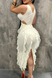 Pink Sexy Solid Color Hollow Out Flounce V Neck Irregular Dresses