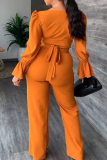 Tangerine Red Casual Solid Color V Neck Long Sleeve Two Pieces