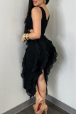 Pink Sexy Solid Color Hollow Out Flounce V Neck Irregular Dresses