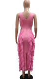 Pink Sexy Solid Color Hollow Out Flounce V Neck Irregular Dresses