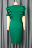 Green Elegant Solid Color Beading Flounce V Neck Wrapped Skirt Dresses