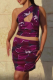 Purple Sexy Print Hollow Out Oblique Collar Sleeveless Two Pieces