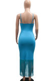 Blue Casual Solid Color Fringed Trim Strap Design Spaghetti Strap Irregular Dresses