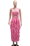 Pink Sexy Solid Color Hollow Out Flounce V Neck Irregular Dresses