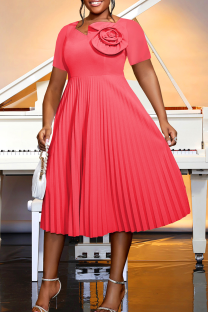 Watermelon Red Elegant Solid Color Pleated Flower Shape O Neck Long Plus Size Dresses