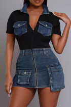 Black Sexy Solid Color Pocket Zipper Zipper Collar Wrapped Skirt Dresses