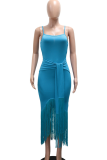 Blue Casual Solid Color Fringed Trim Strap Design Spaghetti Strap Irregular Dresses