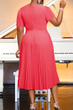 Watermelon Red Elegant Solid Color Pleated Flower Shape O Neck Long Plus Size Dresses