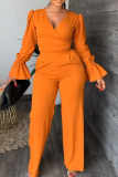 Tangerine Red Casual Solid Color V Neck Long Sleeve Two Pieces