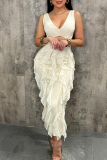 Pink Sexy Solid Color Hollow Out Flounce V Neck Irregular Dresses