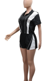 Black Casual Zipper Contrast Zipper Collar Half Sleeve Two Pieces