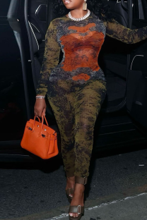 Orange Sexy Print Zipper O Neck Skinny Jumpsuits