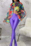Blue Sexy Print Slit O Neck Tops