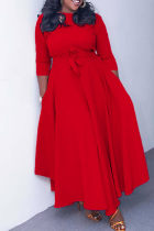 Red Casual Solid Color Pocket Strap Design O Neck Irregular Dresses