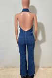 Blue Sexy Solid Color Backless Zipper Turndown Collar Sleeveless Regular Denim Jumpsuits