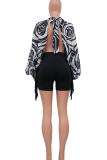 Blue Sexy Print Slit O Neck Tops