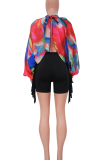 Blue Sexy Print Slit O Neck Tops