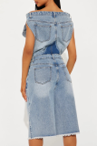 Blue Casual Solid Color Pocket Off Shoulder Sleeveless Bodycon Denim Jumpsuits