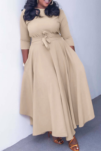 Khaki Casual Solid Color Pocket Strap Design O Neck Irregular Dresses