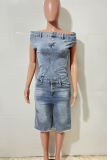 Blue Casual Solid Color Pocket Off Shoulder Sleeveless Bodycon Denim Jumpsuits