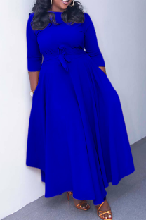 Blue Casual Solid Color Pocket Strap Design O Neck Irregular Dresses